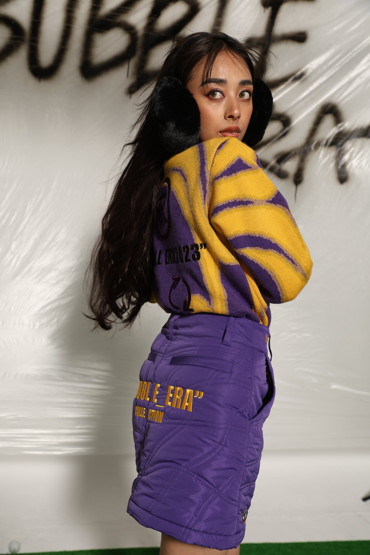 Thermography Mock Neck Knit(YELLOW×PURPLE)